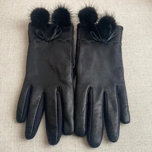 Aris Leather Black Driving Gloves with Faux Fur Pom Poms Size M/L